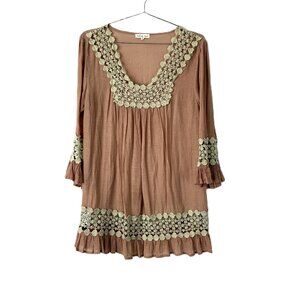 Indigo Soul Gauzy Lace Tunic Top Tan Sage Green M Boho Hippie